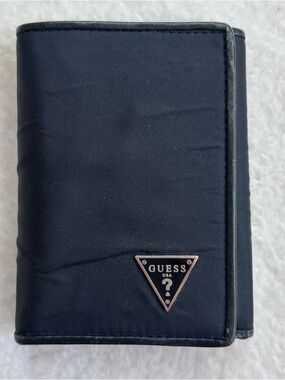Vintage GUESS Black Nylon and Leather Tri-Fold Wallet with Metal Logo